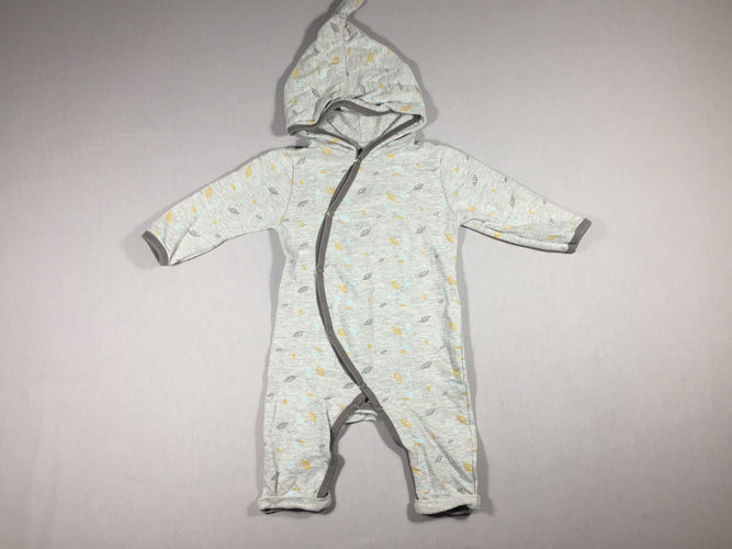 Pyjama -Combinaison jersey gris avec capuchon lutin - croisée devant - petites feuilles, moins cher chez Petit Kiwi