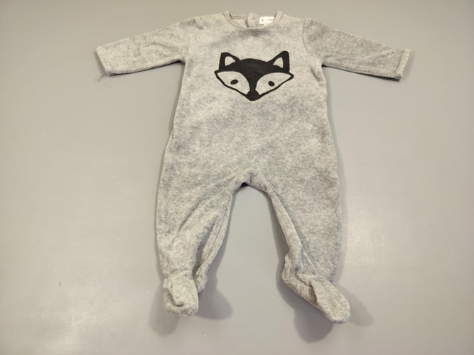 Pyjama velours gris chiné, tête de renard 75% coton 25% polyester, moins cher chez Petit Kiwi