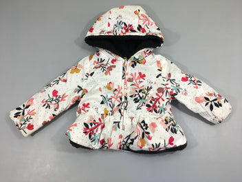 Veste réversible ouatinée blanche fleurs doublé moutonné à capuche