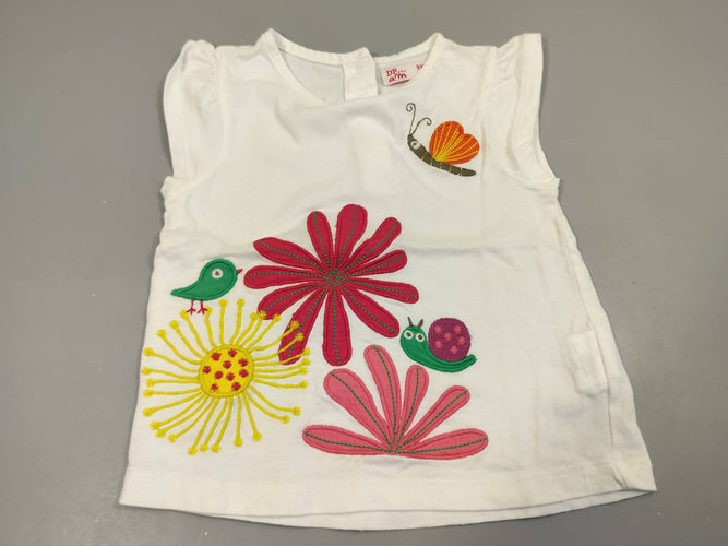 T-shirt m.c blanc, broderies fleurs, escargot, oiseau,... 100% coton, moins cher chez Petit Kiwi