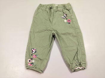 Pantalon kaki taille et chevilles élastiques, broderie fleurs et papillon