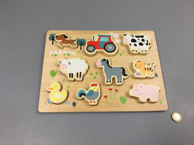 Planche puzzle en bois tracteur et animaux de la ferme, moins cher chez Petit Kiwi