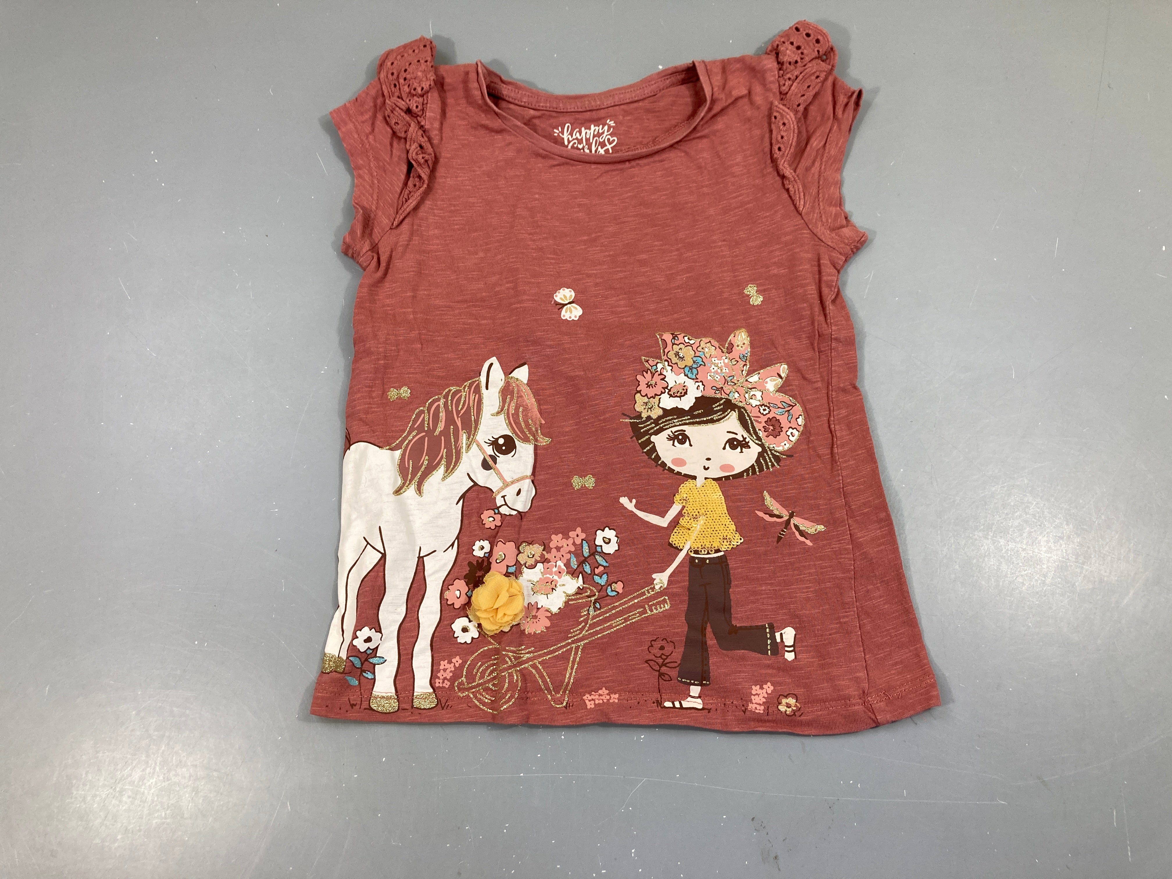 T-shirt m.c brun flammé cheval fille tulle