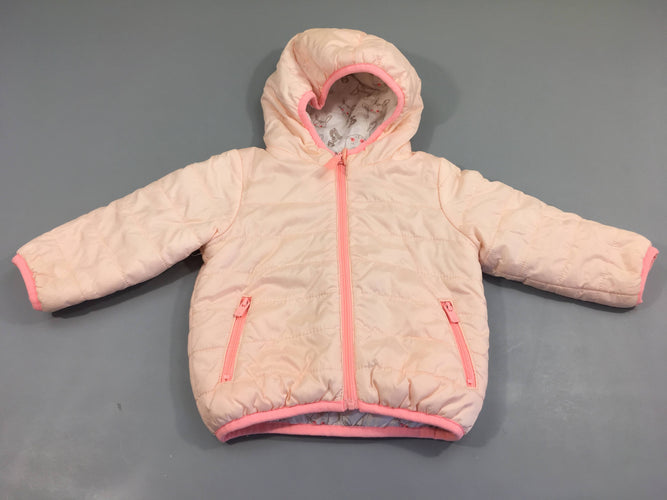 Veste zippée à capuche réversible  matelassée rose clair /blanche tête de lapins, moins cher chez Petit Kiwi