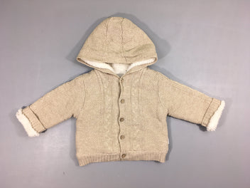 Gilet mailles beige torsades doublé peluche à capuche