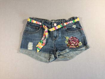 Short jean à revers - effet éraillé - fleurs brodées en sequins - ceinture lignée