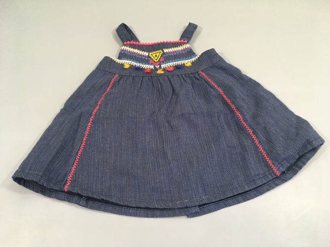 Robe à bretelle bleu marine , broderies colorées, doublure jersey, moins cher chez Petit Kiwi