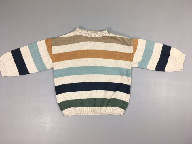 Pull beige rayé brun/bleu/vert, moins cher chez Petit Kiwi