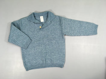 Pull col bleu chiné 4% laine, légèrement bouloché