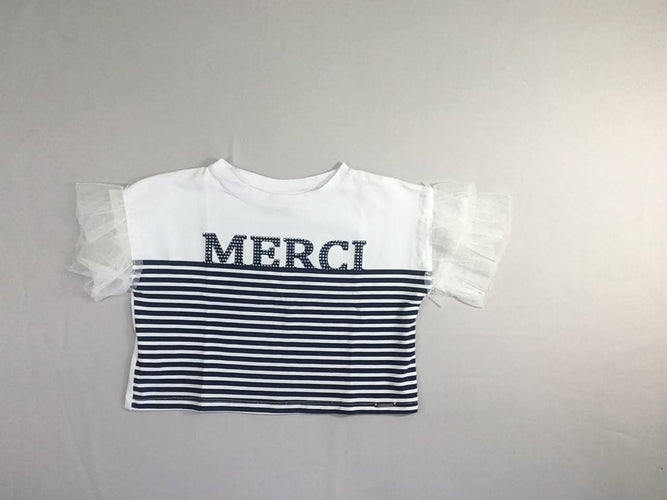 T-shirt m.c cropped blanc rayé bleu Merci Strass tulles manches-Alouette, moins cher chez Petit Kiwi