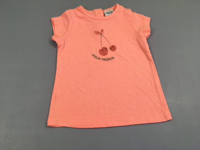 T-shirt m.c saumon , cerises "Jolie chérie", un  peu bouloché, moins cher chez Petit Kiwi