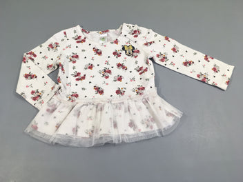 T-shirt m.l blanc à fleurs, tête de Minnie, voile sur le dessous