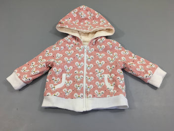 Gilet zippé à capuche réversible rose tête de souris/ polar écru texturé.Dessous élastiqu distendu.  Pas de taille indiquée, estimée 12m