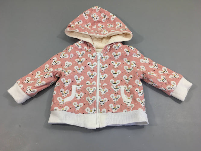 Gilet zippé à capuche réversible rose tête de souris/ polar écru texturé.Dessous élastiqu distendu.  Pas de taille indiquée, estimée 12m, moins cher chez Petit Kiwi