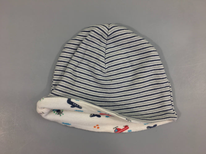 Bonnet jersey réversible blanc rayé bleu-gris/blanc avions, moins cher chez Petit Kiwi