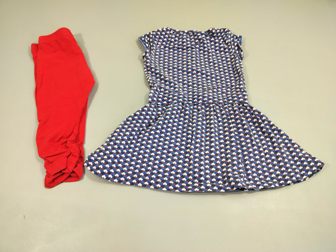 Robe m.c bleue motifs blancs , bleu marine, rouge + Legging rouge, moins cher chez Petit Kiwi