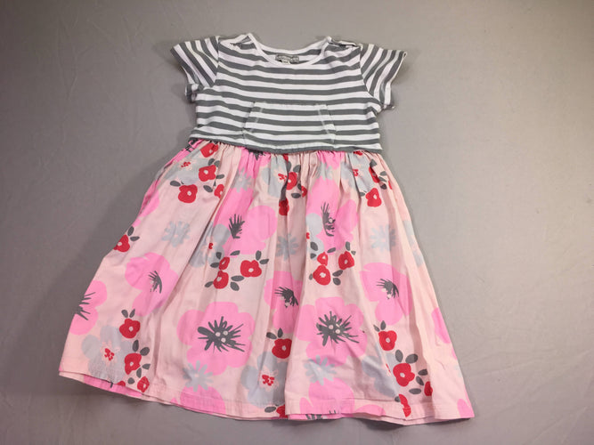 Robe m.c molleton rayé blanc/gris bas coton rose fleurs, légèrement boulochée, moins cher chez Petit Kiwi