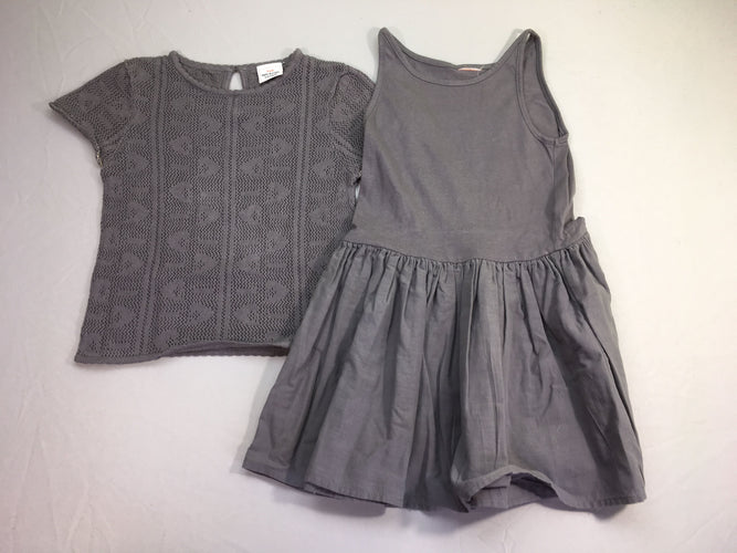 Robe s.m jersey gris bas coton + pull m.c ajouré, moins cher chez Petit Kiwi