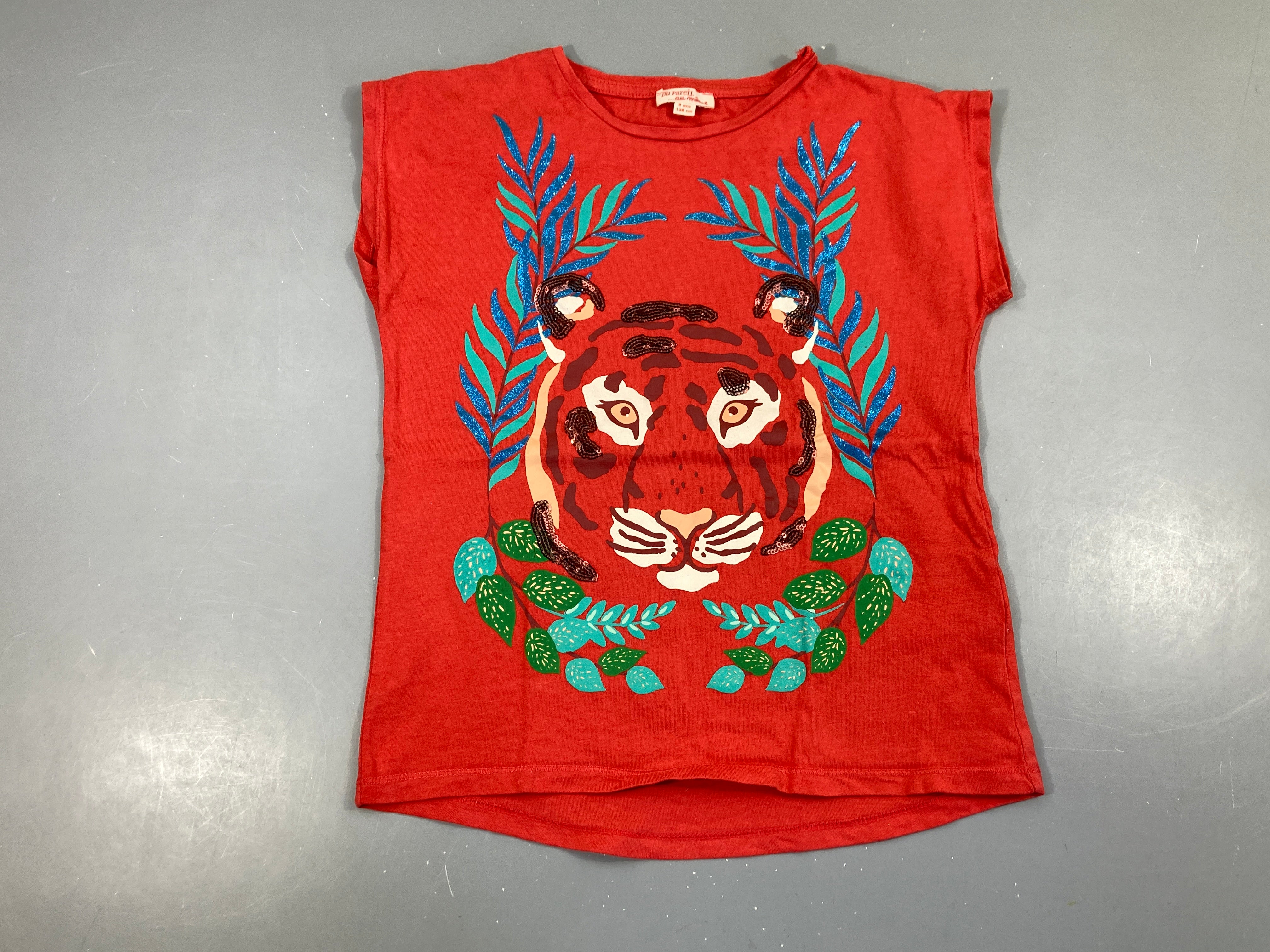 T-shirt m.c rouge tige sequins feuillage