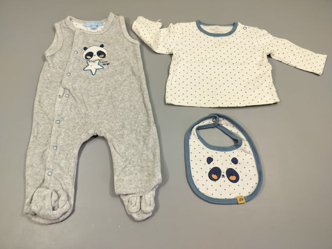 Ensemble pyjama s.m velours gris panda+ T-shirt m.l blanc étoile bleues + bavoir assorti, moins cher chez Petit Kiwi