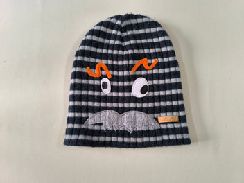 Bonnet maille rayé gris/noir yeux, sourcils, moustache, 53-55 cm