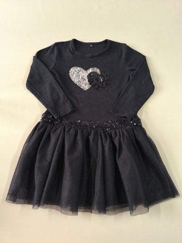 Robe m.l noire bi-matière jersey/tulle coeurs en sequins (boulochée), moins cher chez Petit Kiwi