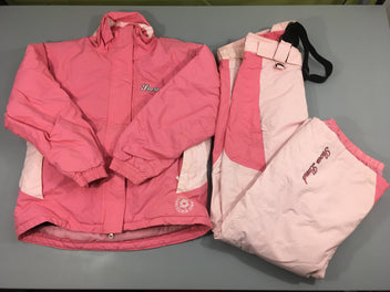 Veste + pantalon à bretelles de ski rose snow land CVR, auréolé à plusieurs endroits, à relaver