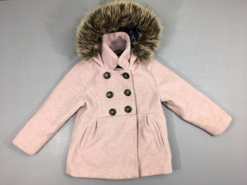 Manteau rose chiné double boutons à capuche fausse fourrure