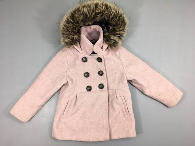 Manteau rose chiné double boutons à capuche fausse fourrure, moins cher chez Petit Kiwi