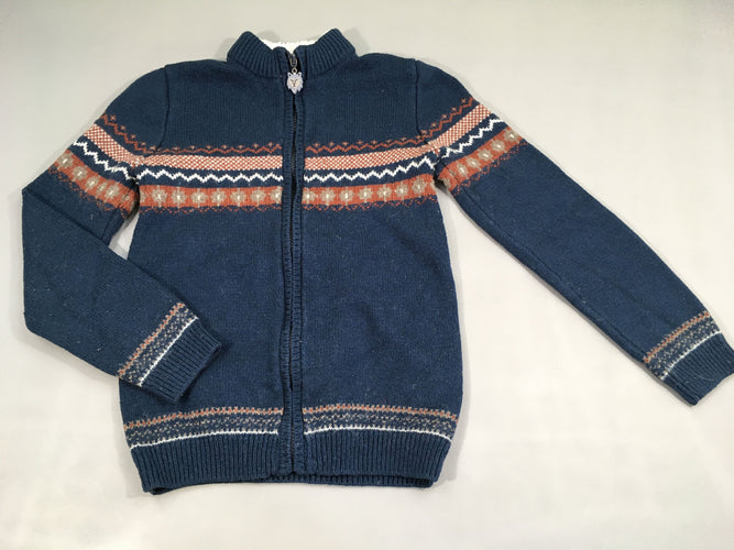 Gilet bleu 11% laine bleu foncé motifs blanc-brun-légèrement feutré-Col doublé mouton, moins cher chez Petit Kiwi