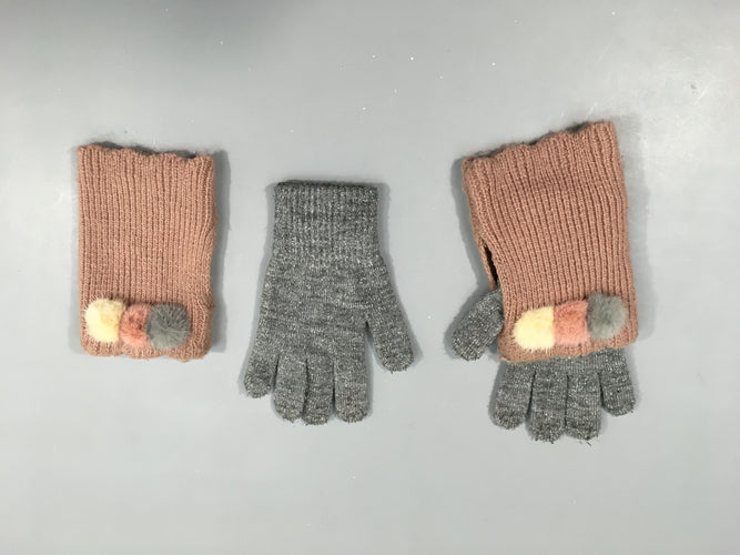 Gants gris irisé + guetres vieux rose pompoms, moins cher chez Petit Kiwi