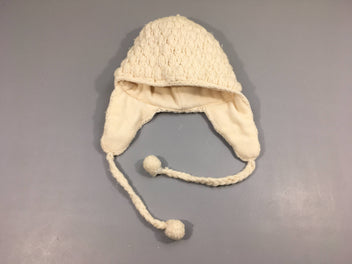 Bonnet mailles écru doublé polar pompom