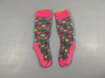 Chaussettes chaudes rose/gris/coeurs, très légèrement boulochées