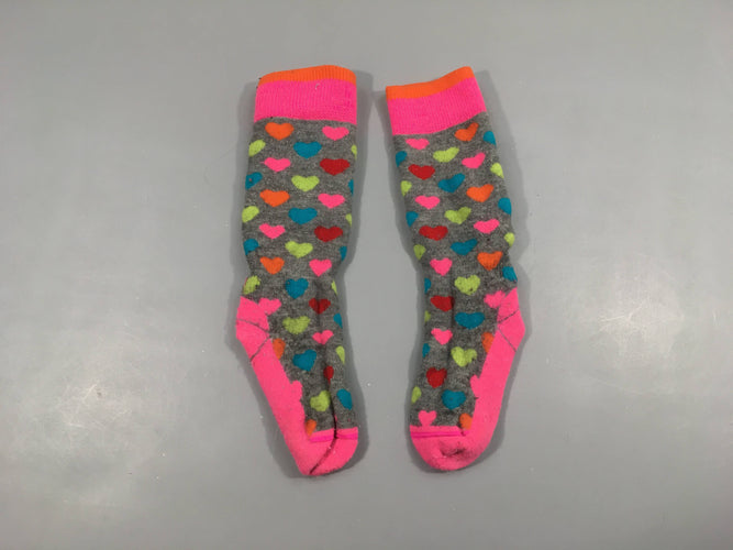 Chaussettes chaudes rose/gris/coeurs, très légèrement boulochées, moins cher chez Petit Kiwi