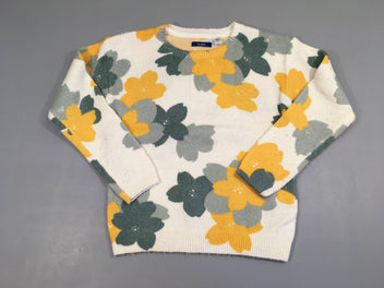 Pull blanc fleurs bleu/jaune, laine? légèrement bouloché