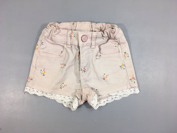 Short en jean vieux rose pâle fleuri effet superposé dentelle