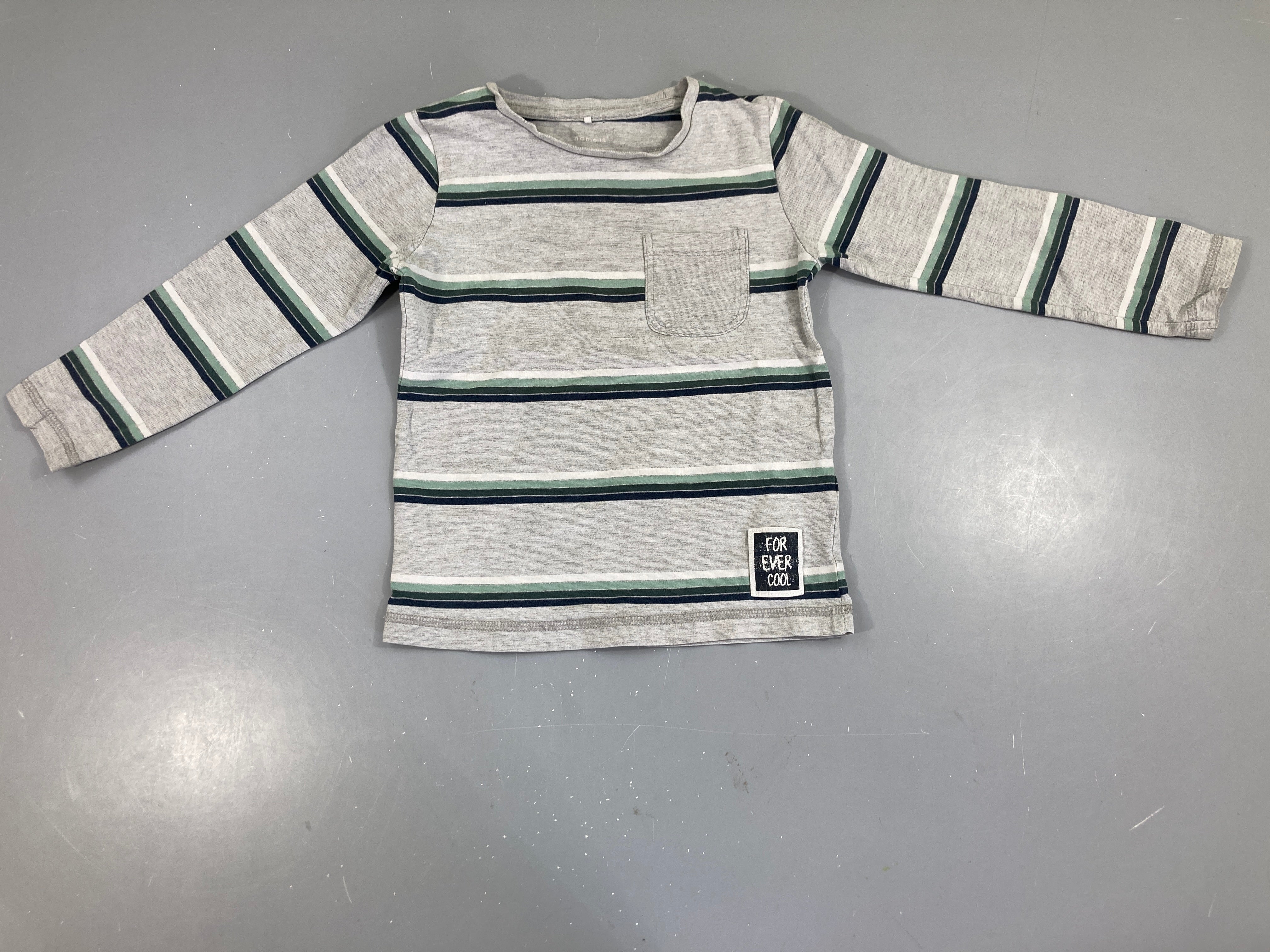 T-shirt m.l gris  rayé kaki-blanc poche Légèrement bouloché