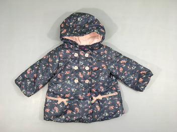 Veste mi-saison à capuche légèrement ouatinée doublée polar bleue fleurie rose