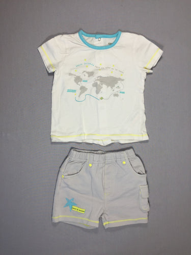 T-shirt m.c blanc (carte du monde)  + short jersey gris, moins cher chez Petit Kiwi