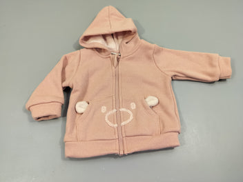 Sweat zippéà capuche rose fil argenté , tête d'ours, intérieur chaud 70% polyester 24% coton  3% fibre métallique 3% élasthanne