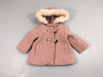 Manteau 45% laine vieux rose chiné à capuche fausse fourrure, boulochée