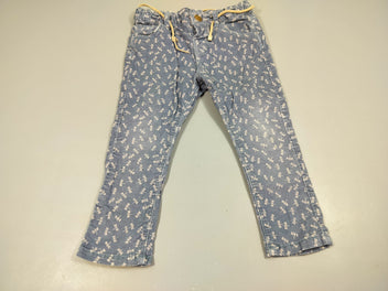 Pantalon velours côtelé bleu , libellules blanches , ceinture tressée 98% coton 2% élasthanne