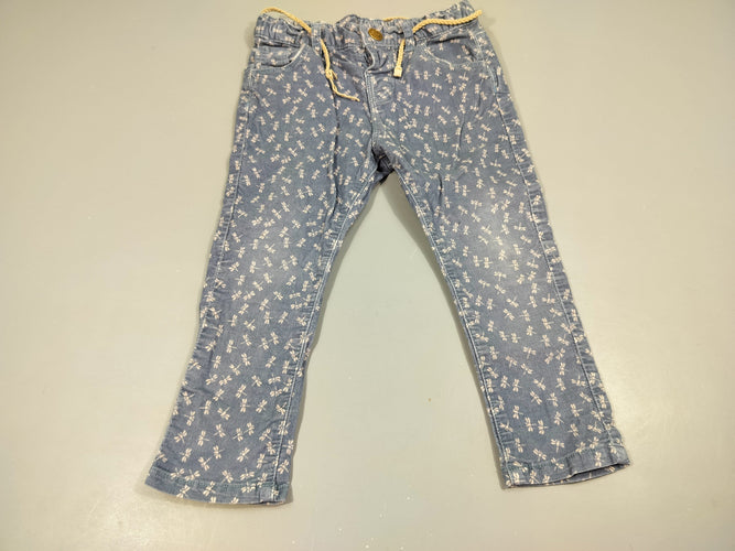 Pantalon velours côtelé bleu , libellules blanches , ceinture tressée 98% coton 2% élasthanne, moins cher chez Petit Kiwi