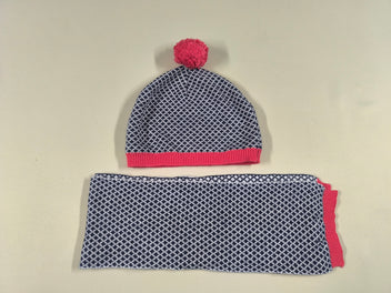 Bonnet + écharpe fines mailles à carreaux blanc/bleu marine pompon rouge