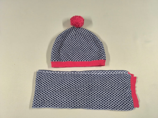 Bonnet + écharpe fines mailles à carreaux blanc/bleu marine pompon rouge, moins cher chez Petit Kiwi