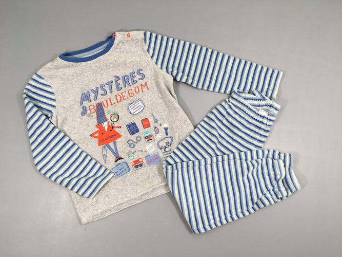 Pyjama 2pcs velours gris/bleu Mystère & Bouldegom Floc usé par endroit, moins cher chez Petit Kiwi