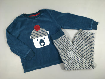 Pyjama 2pcs velours bleu/gris ours en bonnet