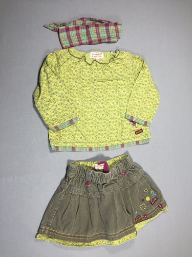 Blouse ml vert clair petits motifs + jupe en velours gris + foulard à carreaux assorti, moins cher chez Petit Kiwi