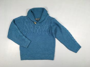 Pull mailles torsadées bleu col châle 98% Acrayélique 2% Polyester