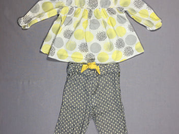 Blouse ronds jaunes et gris + pantalon assorti